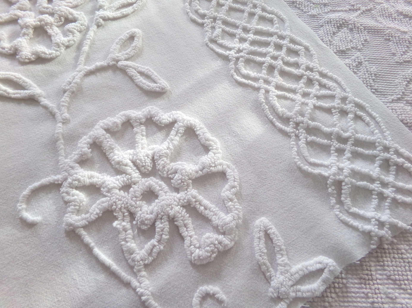 sophisticated white floral vintage chenille fabric, cotton sewing material, 15" x 27" inch piece for crafts & quilting