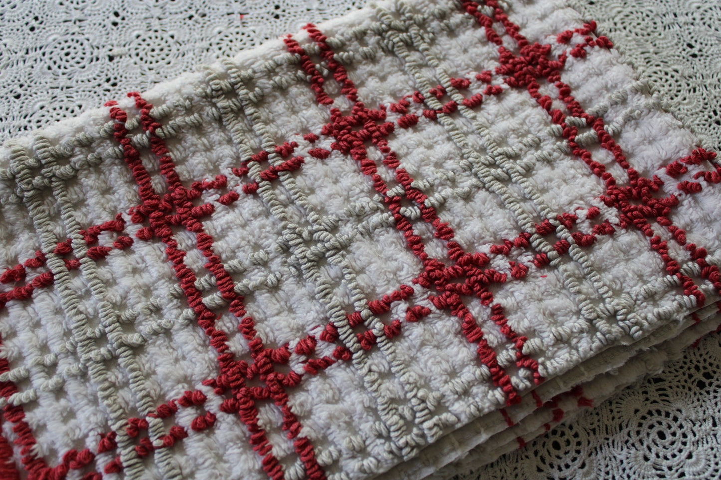 Chic Plaid Vintage Chenille Fabric, Maroon & Grey Needletufting on White Grid, 20" x 24" inch Piece, 100% Cotton