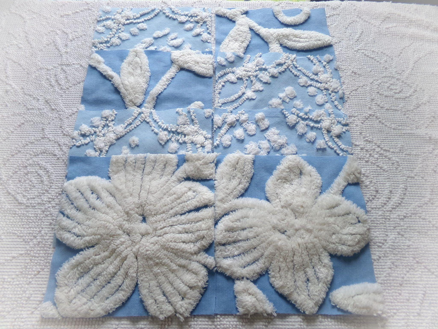 coastal breeze chenille fabric squares, set of 8 vintage 7.5" quilt blocks, blue geometric, white floral for sewing, crafts, quilting