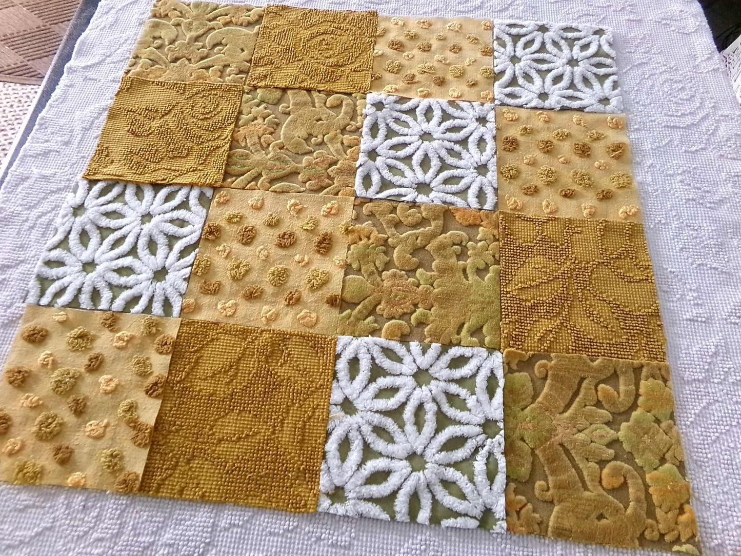boho mama velvet & chenille fabric squares, earthtone daisy, dots, 16 vintage quilt blocks 6" x 6" inch, for pillows, quilts, crafts