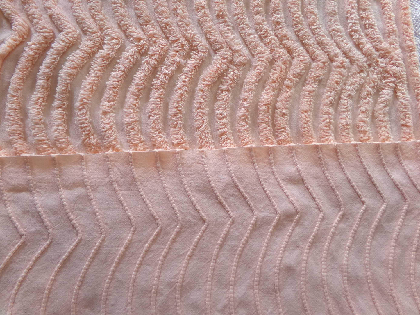 swirling peach waves vintage tufted fabric, 17.5" x 32" inch piece, plush chenille texture, sewing material for quilts, pillows