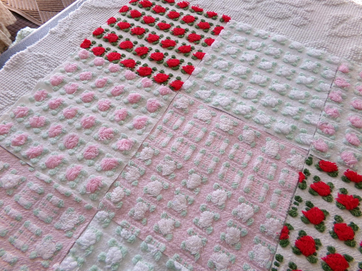valentine rosebuds vintage chenille fabric squares, gorgeous medley of pink, red, white roses, set of 16 quilt blocks, 6" x 6" inch