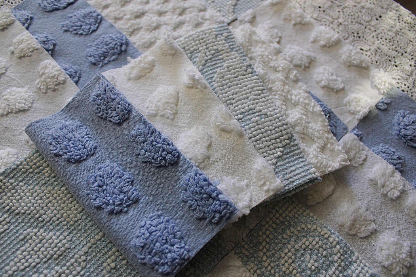 Chenille Fabric Squares, Beachy Blue & White Craft Square Set from Vintage Bedspread Fabric, 16 Blocks, 6" x 6" inch