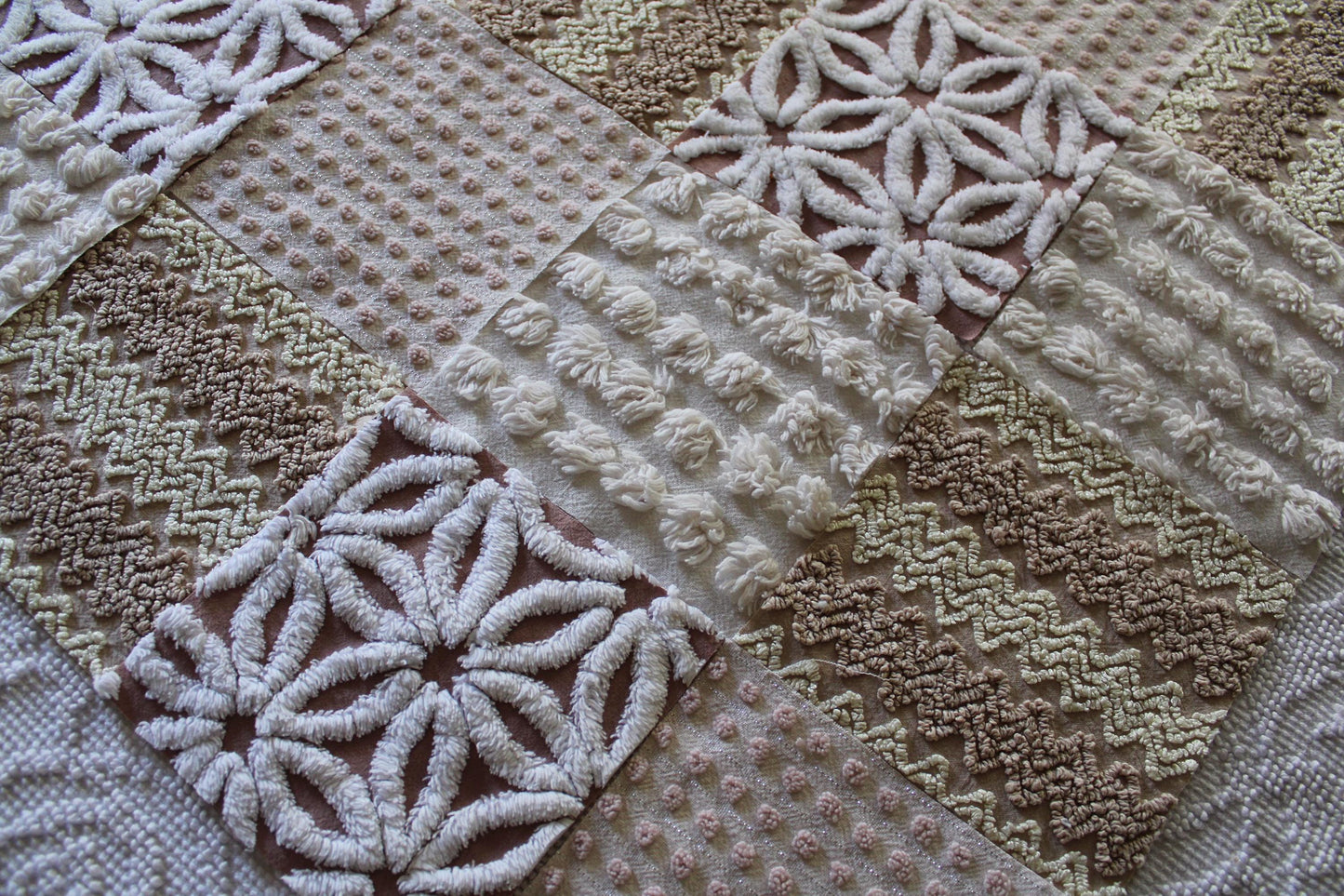 creamy vanilla mocha chenille fabric squares, set of 16 vintage quilt blocks 6" inches ea, daisy, squiggle, puffy pop texture