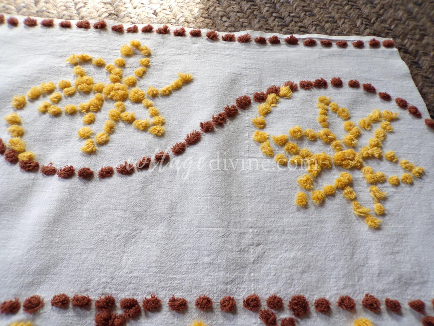 boho sunflower vintage chenille fabric, autumn gold & brown geometric florals on 100% cotton 22" x 28" cut piece