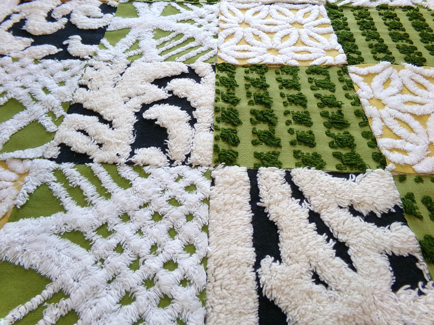 bewitching vintage chenille fabric squares, set of 16 black, green & gold 6" quilt blocks for crafts, sewing, diy pillow covers