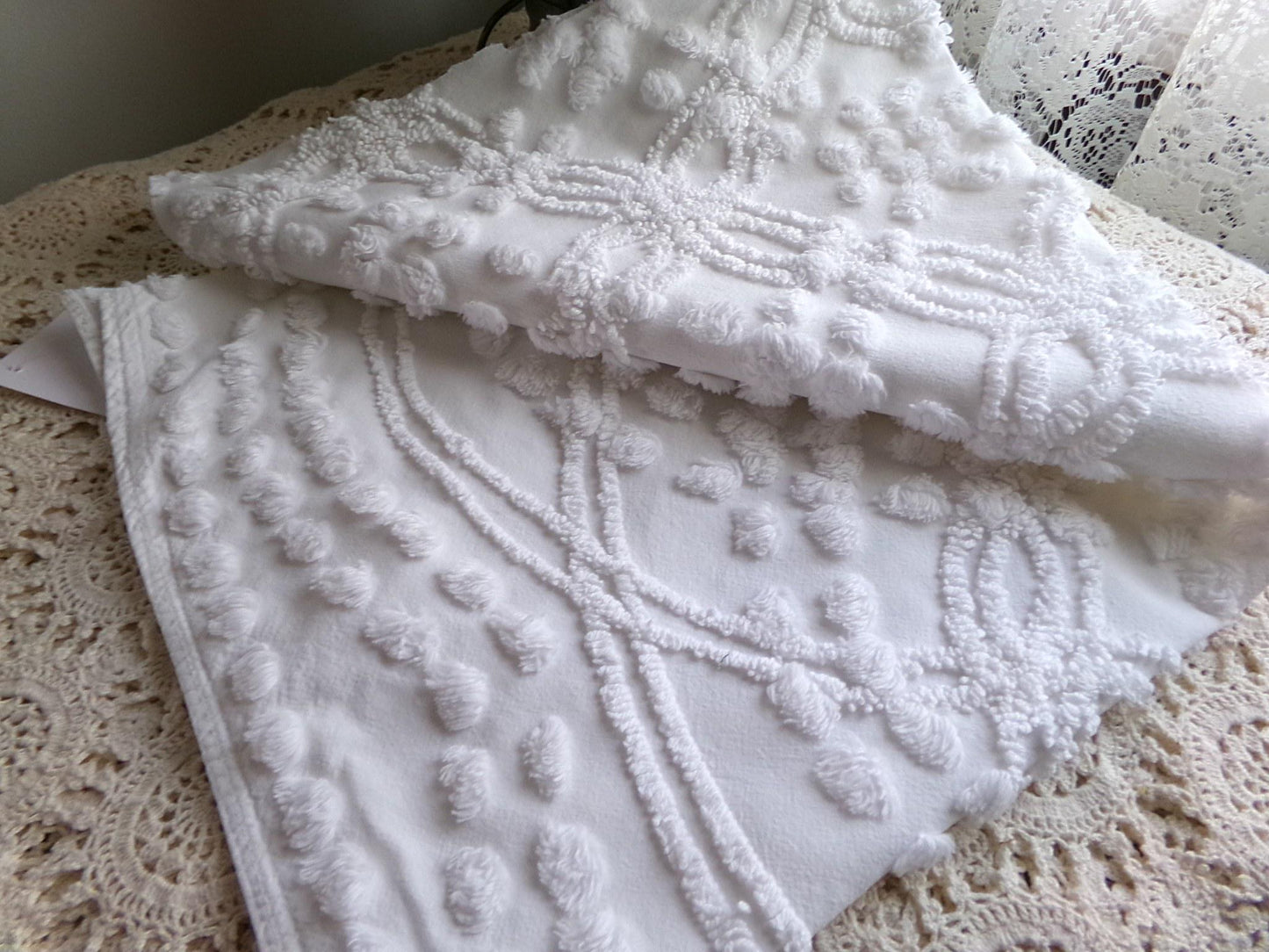 classic white vintage chenille fabric, versatile sewing material for quilting and crafts, 23" x 25" inch piece with wedding rings & pops