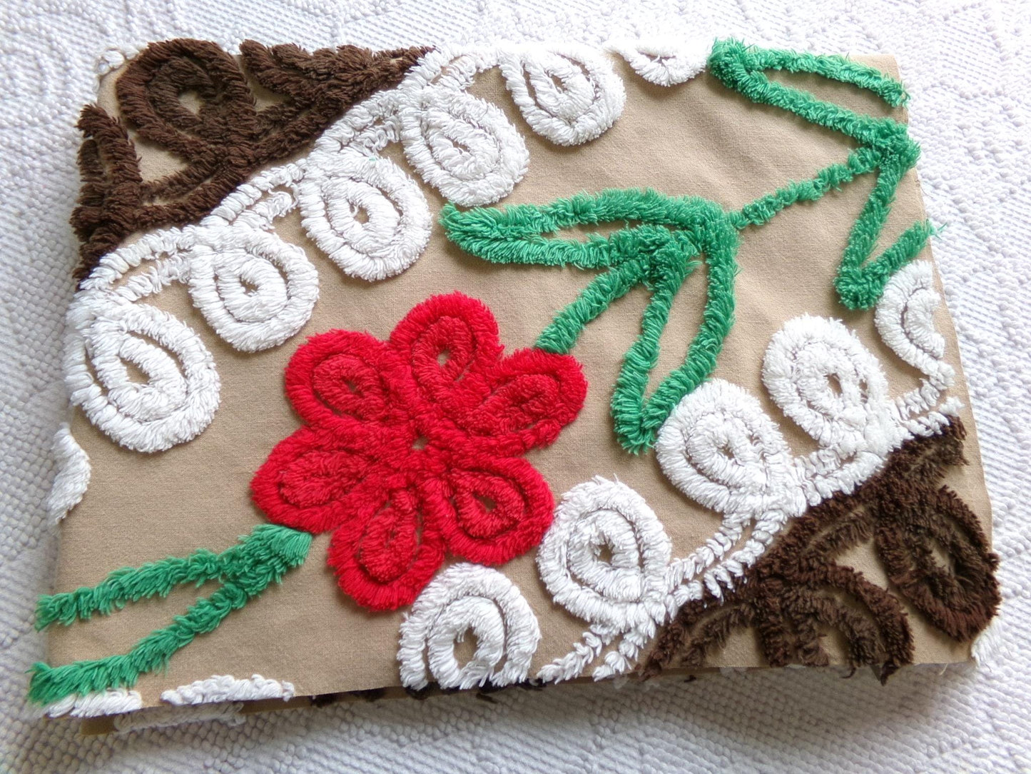 vintage chenille fabric, chocolate cake with a cherry on top, 20" x 26" piece of cotton sewing material in red flower, mocha, brown & white