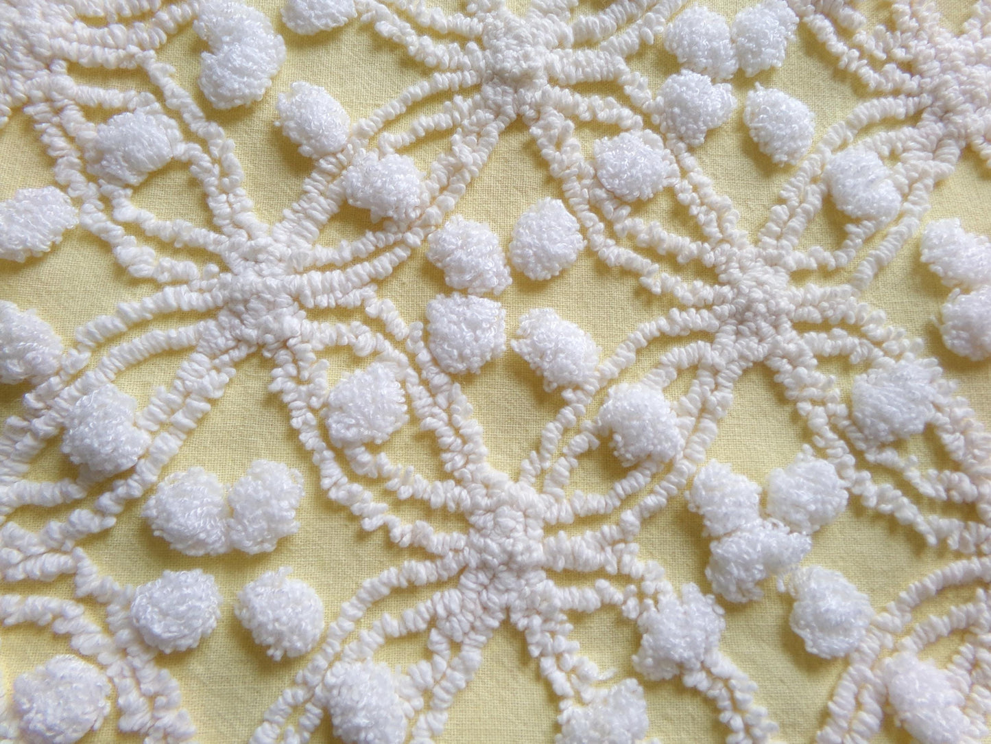sunny yellow vintage chenille fabric, 20" x 24" piece of craft material for sewing, quilting in white overtufted pops & spider ring pattern