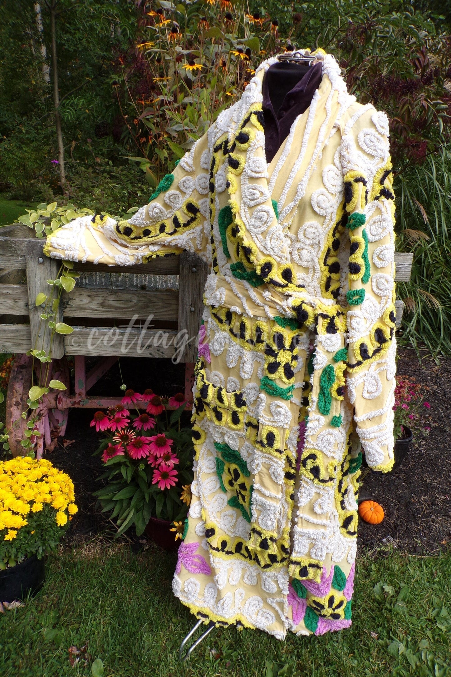 Plus Size Chenille Robe, Rise 'n Shine, XL XXL Bathrobe with Sculpted Cake Frosting Florals in Black & Sunny Yellow, Art to Wear