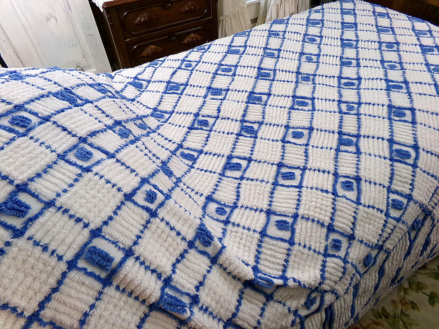 nautical vibes vintage chenille bedspread, blue dots on white cotton with cathedral stripes, full size coastal cottage bedding