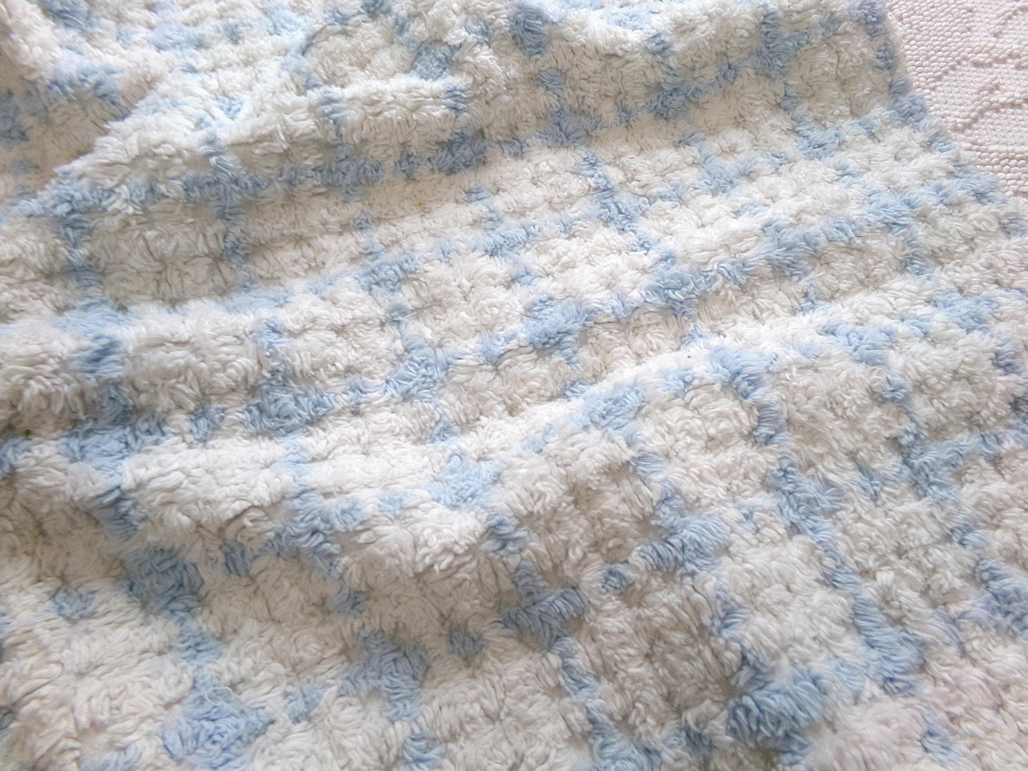 blue & white check vintage chenille fabric, cottage style plaid design, 20" x 24" cut piece for quilting, pillows