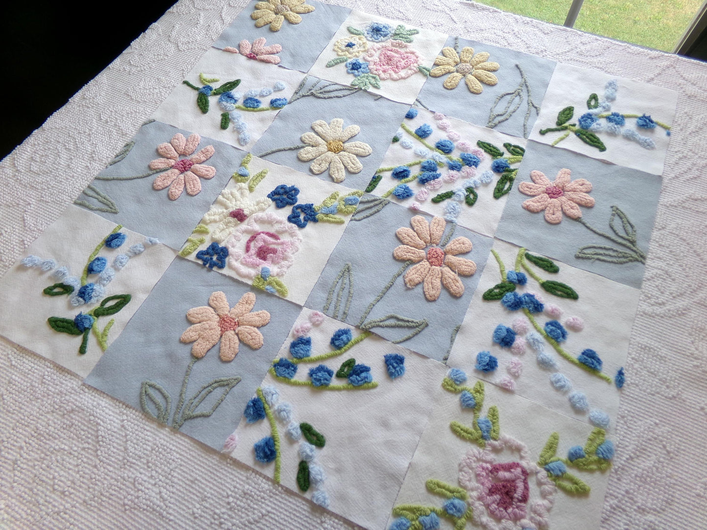 vintage chenille fabric squares, "barefoot in the meadow" set of 16 floral 6" quilt blocks in sky blue daisy, lupine flowers & roses