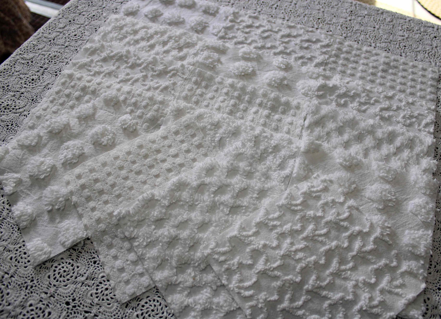 white chenille fabric squares in dynamic textures, coin dots, lattice, mini pop sparkle & squiggles, 16 vintage quilt blocks, 6" x 6" ea