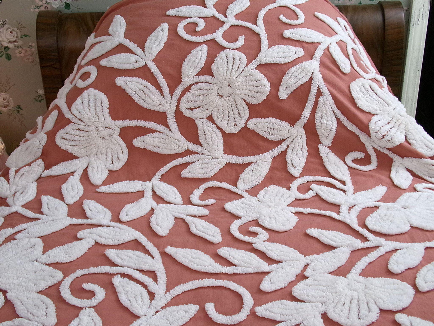 boho floral chenille bedspread, white climbing showy flowers on rusty terracotta vintage hippie 1970s style bedding