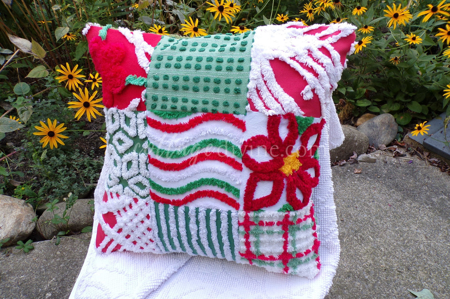 Christmas Patchwork Chenille Pillow Cover 16" x 16" inch Square, REVERSIBLE Accent Pillow Designed from Vintage Chenille Bedspread Fabric