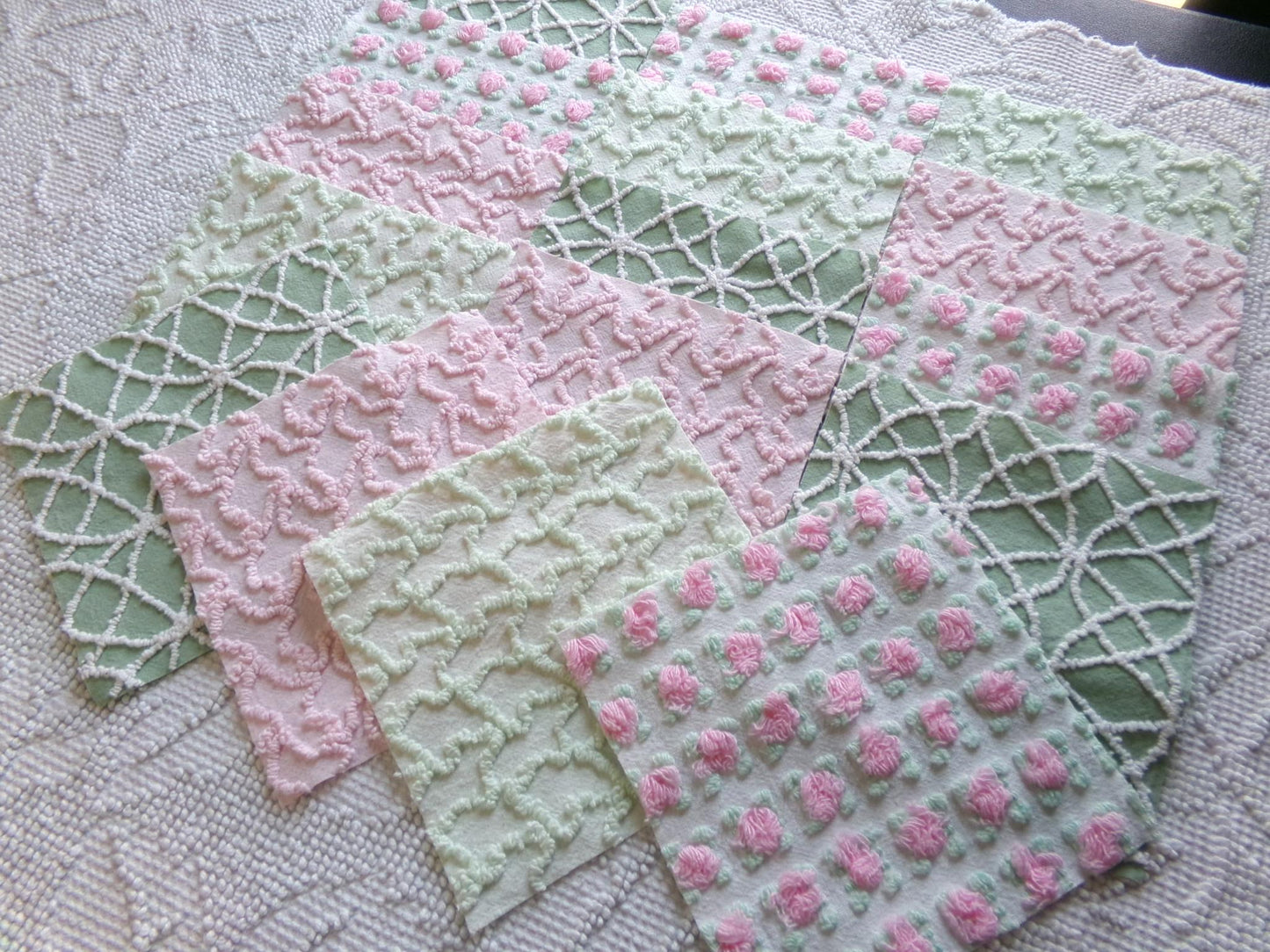 fairy garden chenille fabric squares, set of 16 vintage pink & green quilt blocks 6" ea, rosebud, squiggles for crafts, quilting