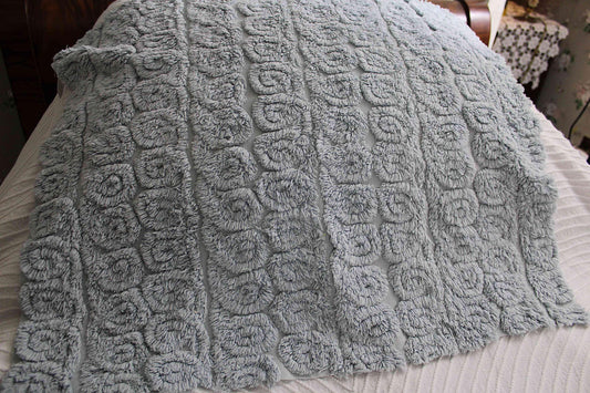 Plush Swirl Tuft Vintage Chenille Bedspread Quilt Fabric, 21" x 25" inch Piece; Stardust Blue Curlicues