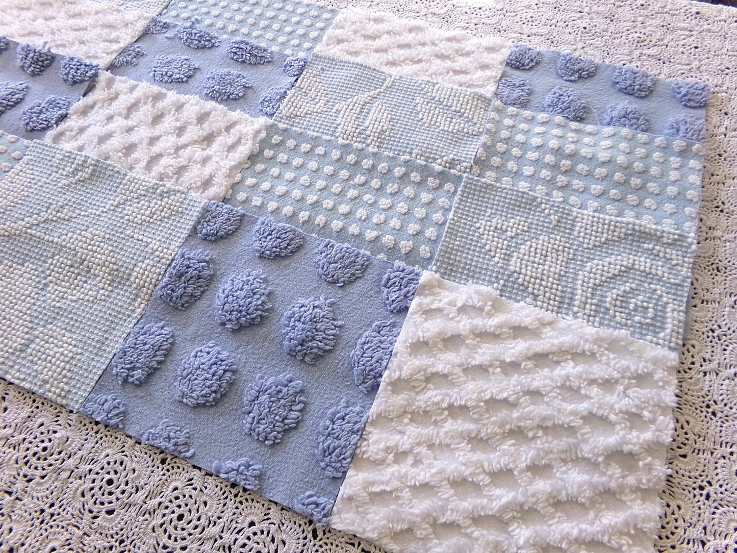 Cool Blues Chenille Fabric Squares for Quilting & Crafts in Vintage Blue, White - 16 Rotary Cut Blocks, 6" x 6" inch