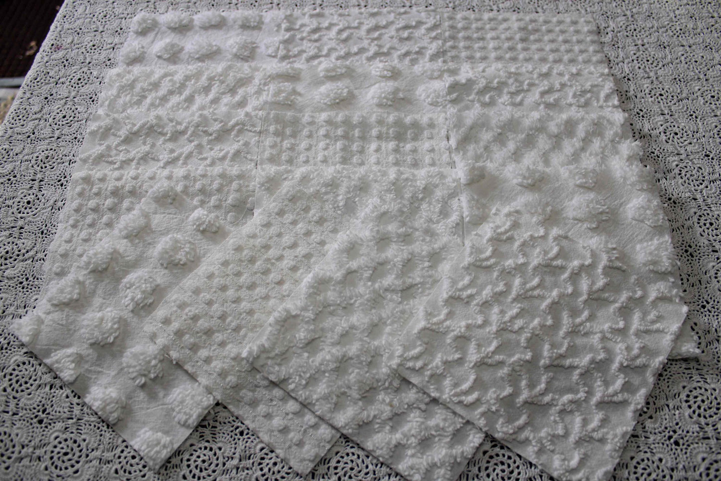 white chenille fabric squares in dynamic textures, coin dots, lattice, mini pop sparkle & squiggles, 16 vintage quilt blocks, 6" x 6" ea