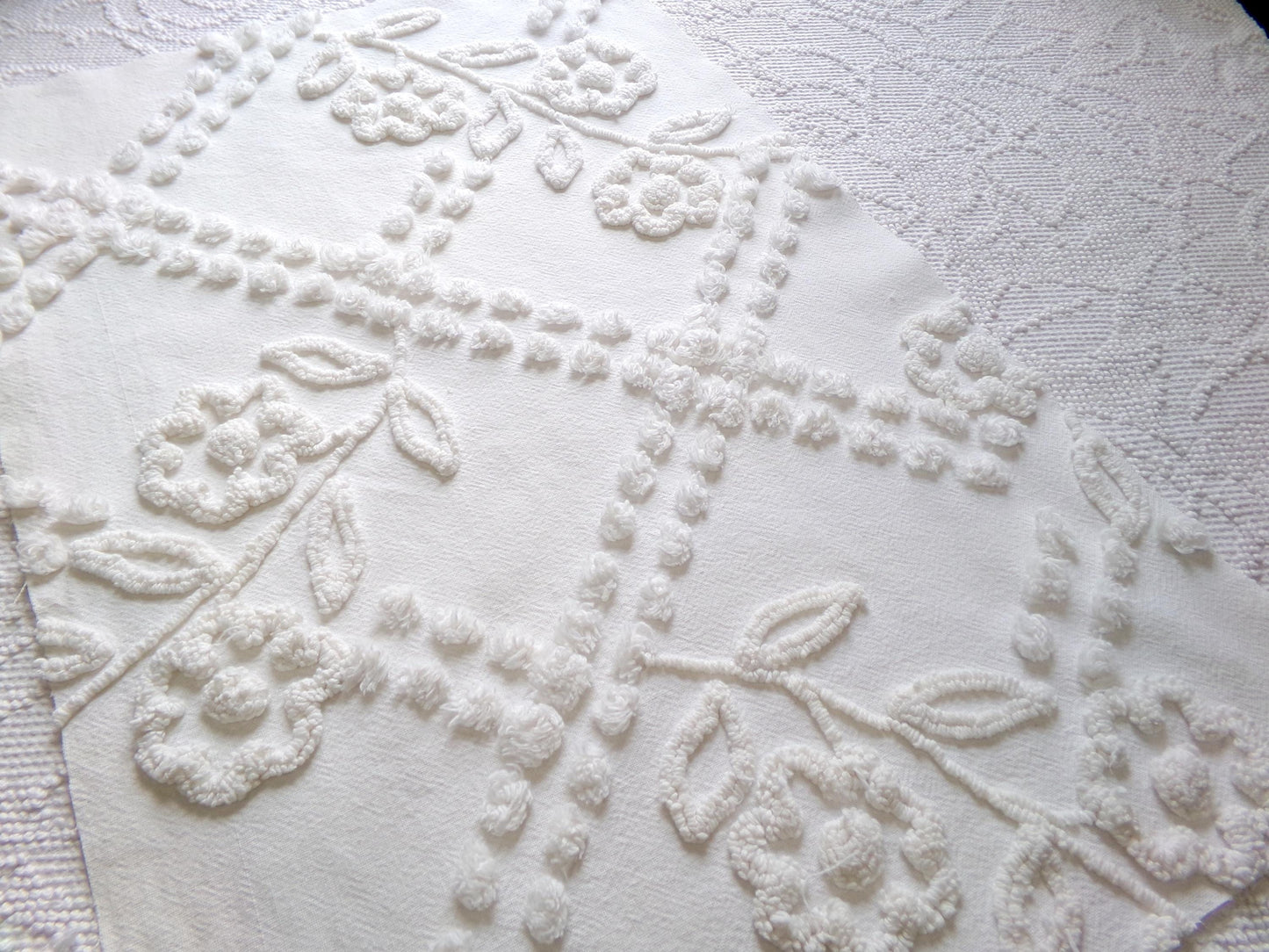 Elegant White Floral Chenille Fabric: Vintage Cottage Style 23" x 15" Cut Piece
