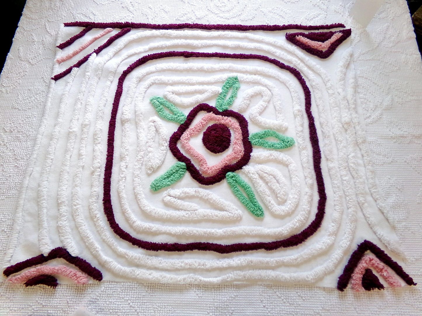 Rose Mauve Vintage Chenille Fabric, 19" x 23" Piece of Radiating Swirl White Cotton Sewing Material Upcycle into Pillows, Quilts