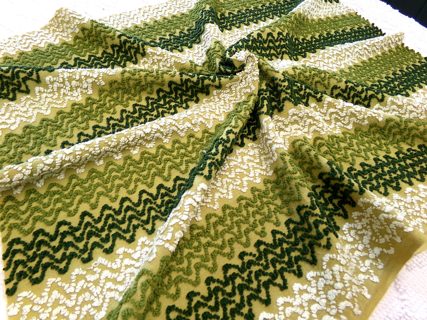 groovy green zig zag vintage chenille fabric, earthy avocado, olive textured pattern, 18" x 24" cut piece for arts & crafts
