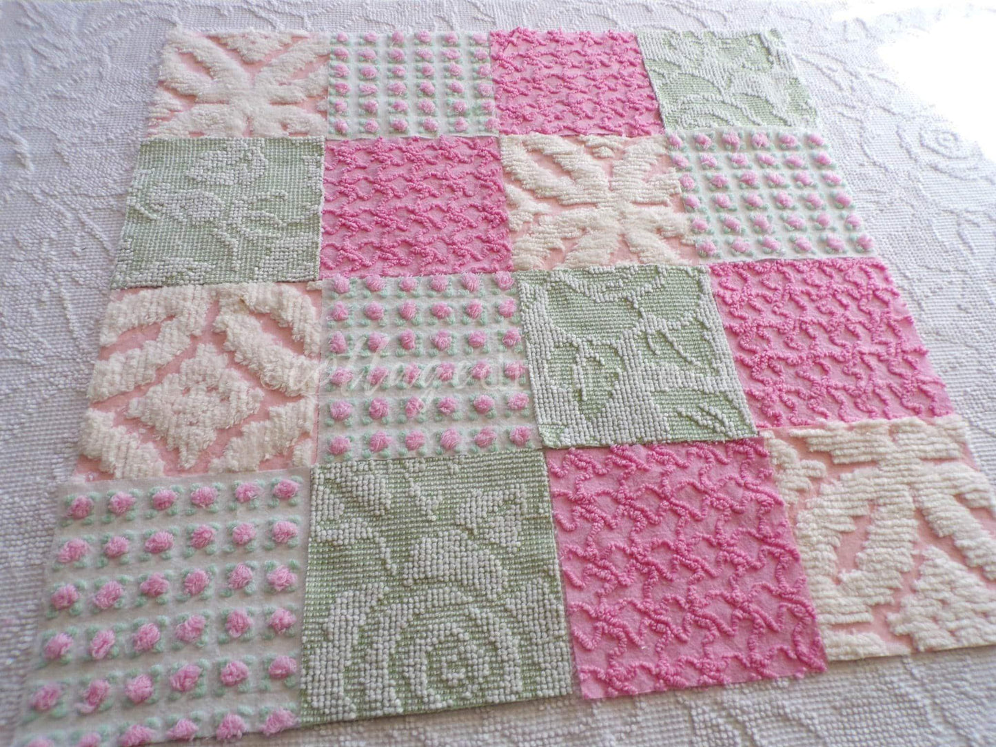 Spring Medley Vintage Quilt Squares Set from Chenille Bedspread Fabrics, 6" Blocks, Qty 16