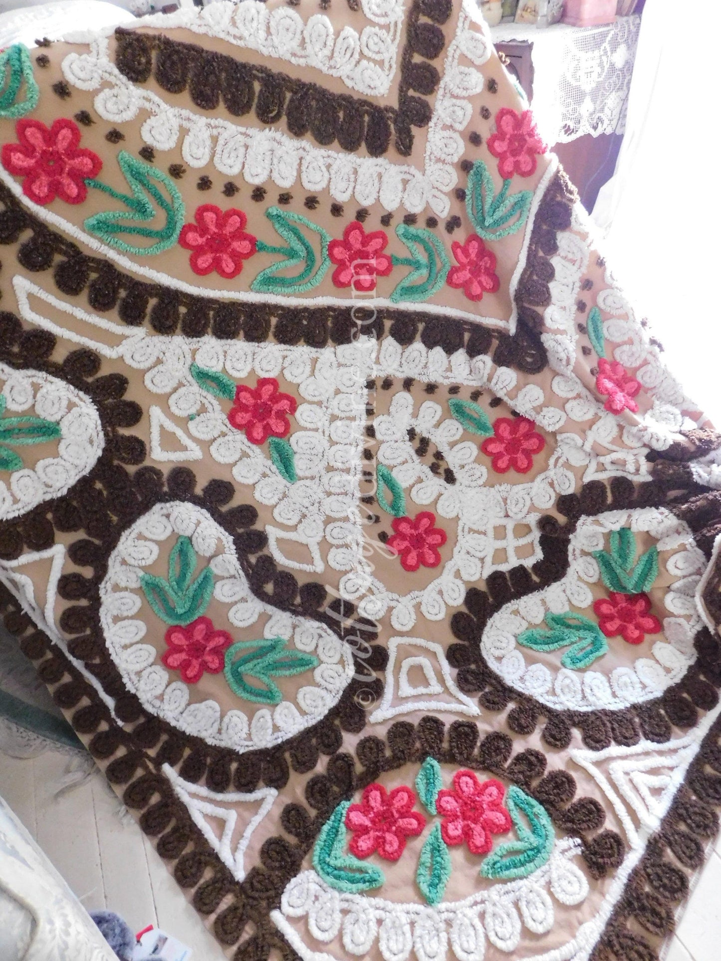 Chocolate Cherry Heart Cake Midcentury Vintage Chenille Bedspread, Cotton, Full Size
