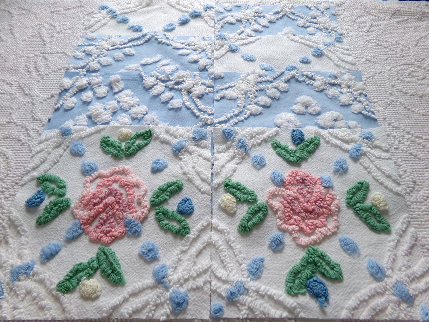 winter rose chenille fabric squares, set of 8 vintage 7.5" quilt blocks, blue & white geometric, pink floral for sewing, crafts, quilting