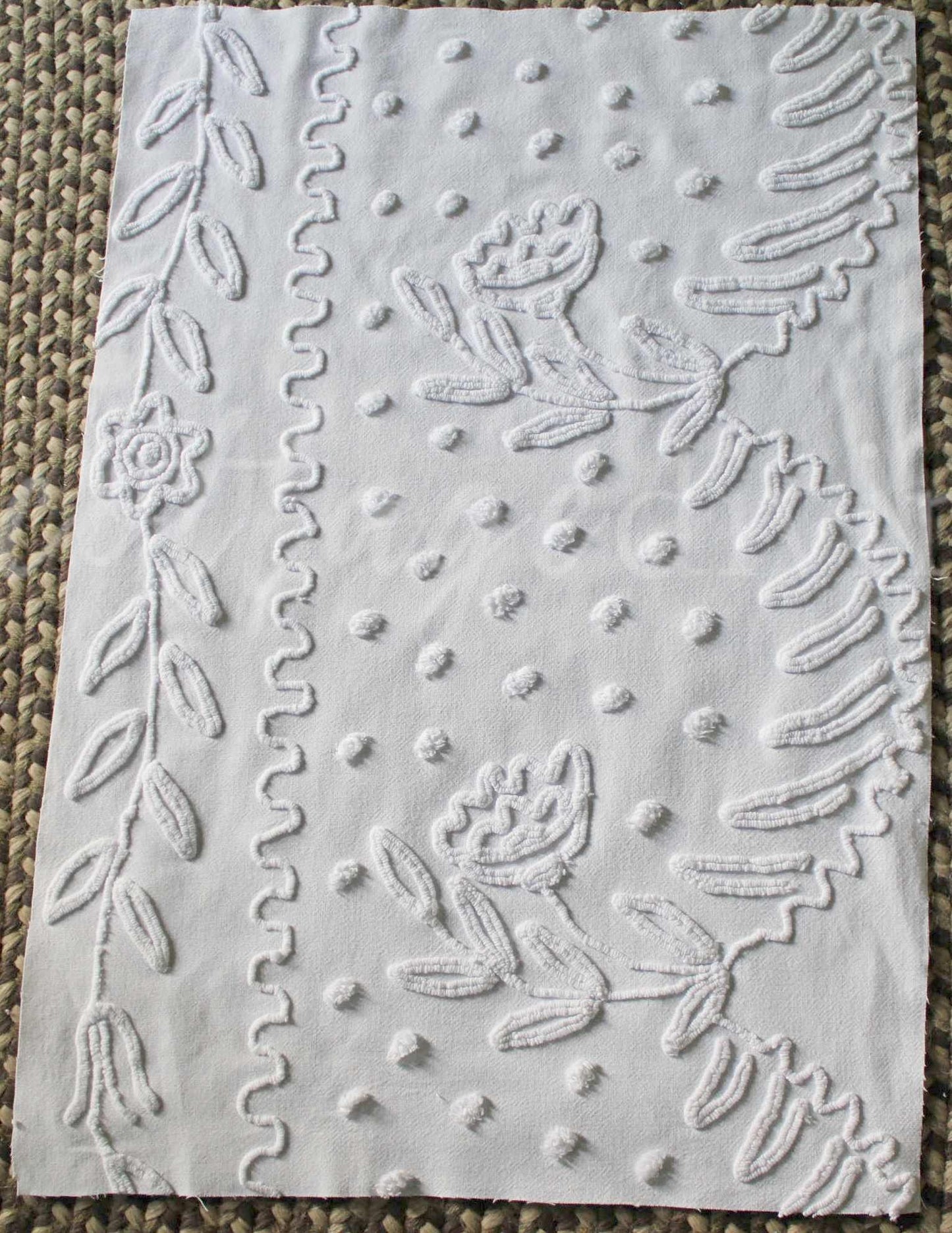Lily White Dot Vintage Chenille Fabric Piece, 19" x 27" inches, Beautiful Farmhouse Style