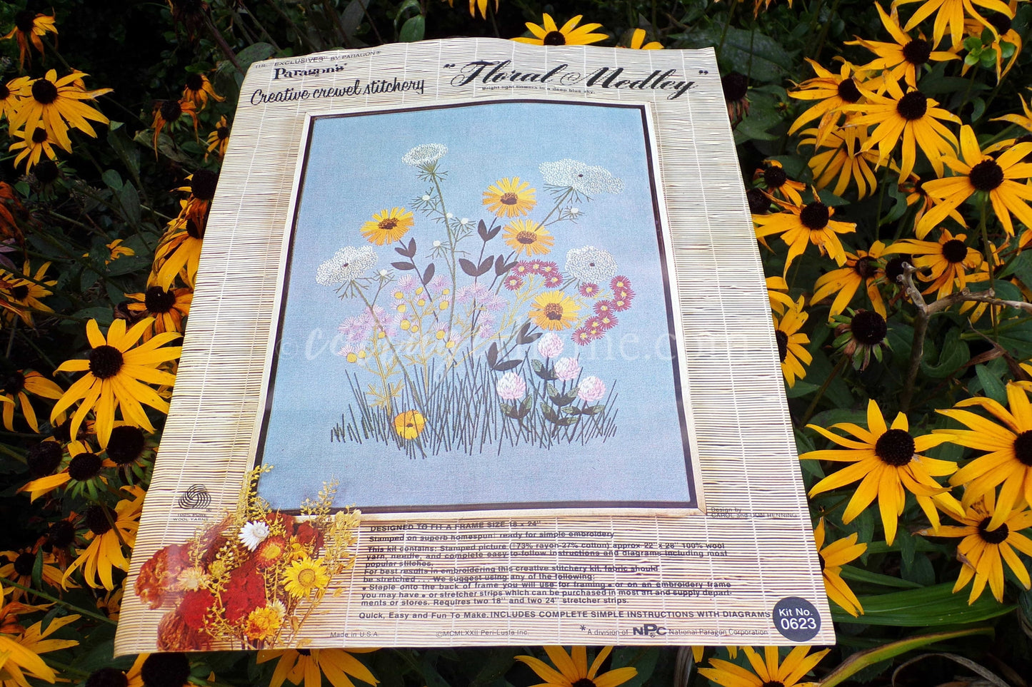 FLORAL MEDLEY Crewel Stitchery Kit, Summer Flowers, Vintage 0623 Paragon Needlecraft Embroidery by Polly Gottfried