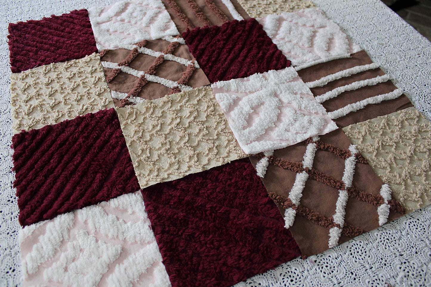 chocolate raspberry chenille fabric squares, 16 vintage quilt blocks, 6" x 6" inches ea, great shades of brown, merlot, mocha, white