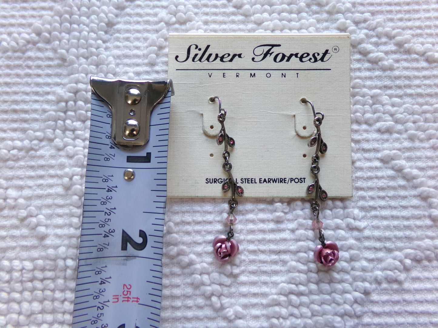Simple Pink Rose Dangle Pierced Earrings, Vintage Silver Forest Boho Style Jewelry, Dainty Floral With Pink Faux Stones in Little Leaves