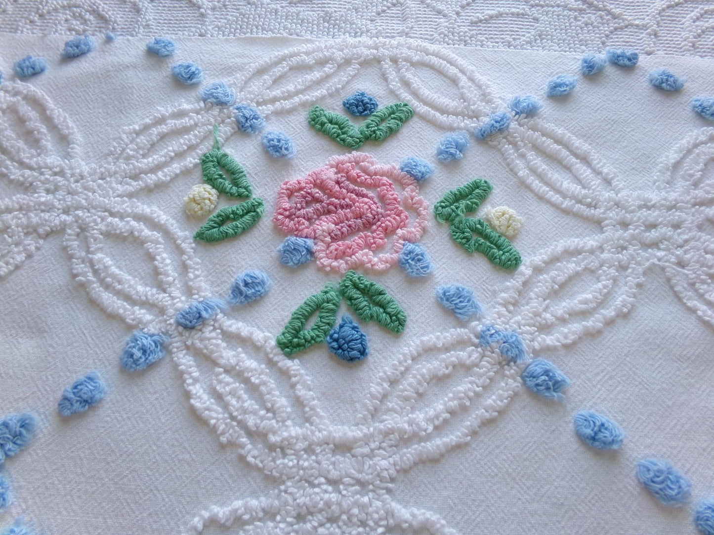 favorite cottage style vintage chenille fabric, pink roses & blue dots, 20" x 27" piece of white sewing material for quilting and crafts