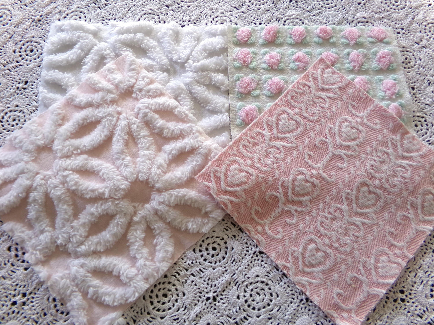 Pink Mix Vintage Woven & Chenille Fabric Squares, Daisy, Rosebud, Hearts Quilt Square Set, 16 Blocks 6" x 6" inch for Pillows, Doll Blankets