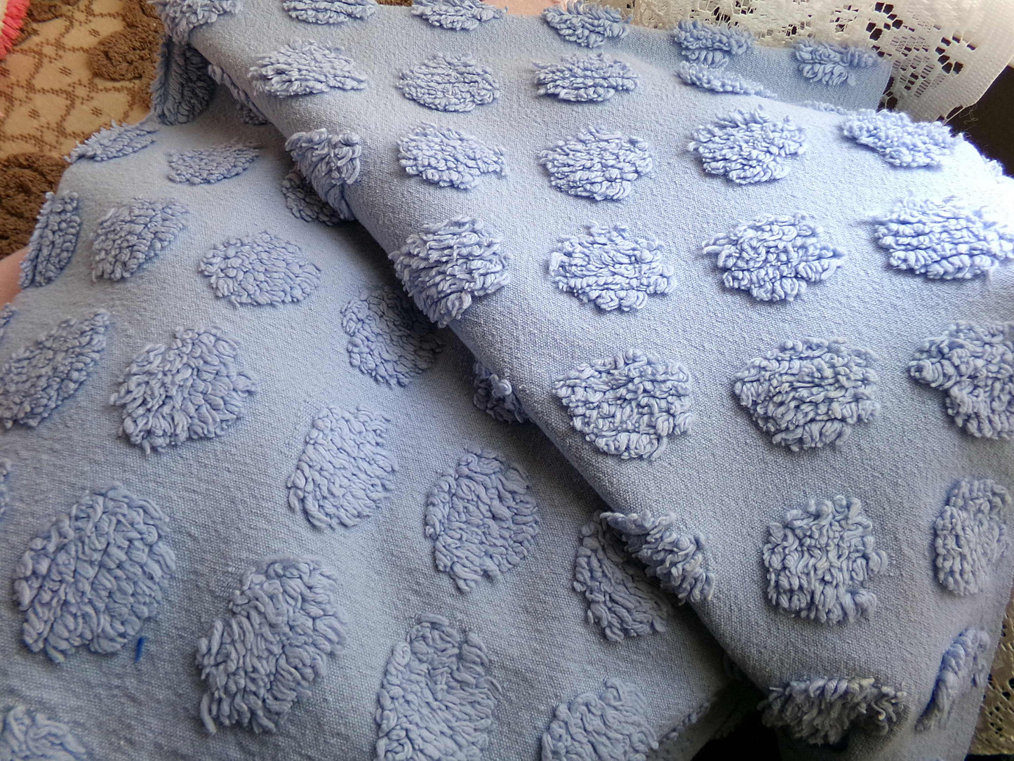 big blue coin pops chenille fabric, vintage style dots on serene blue cotton, 21" x 24" piece of sewing material for crafts & quilting