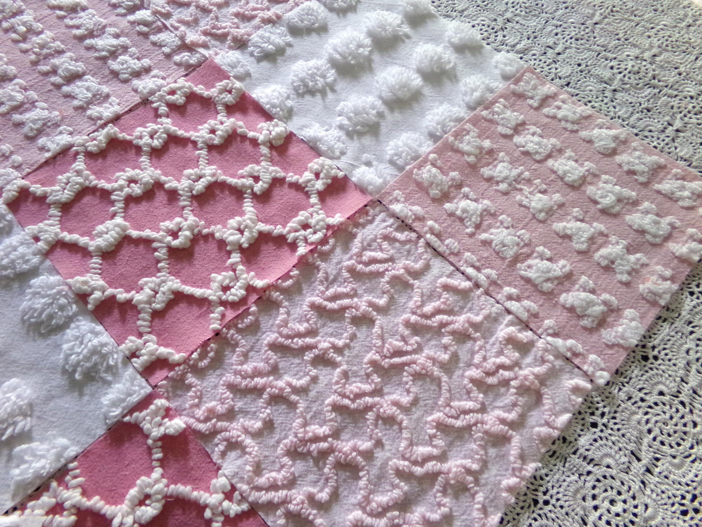 Must Luv Pink Quilt Squares Set from Vintage Chenille Bedspread Fabric, 17 Blocks, 6" x 6" inch