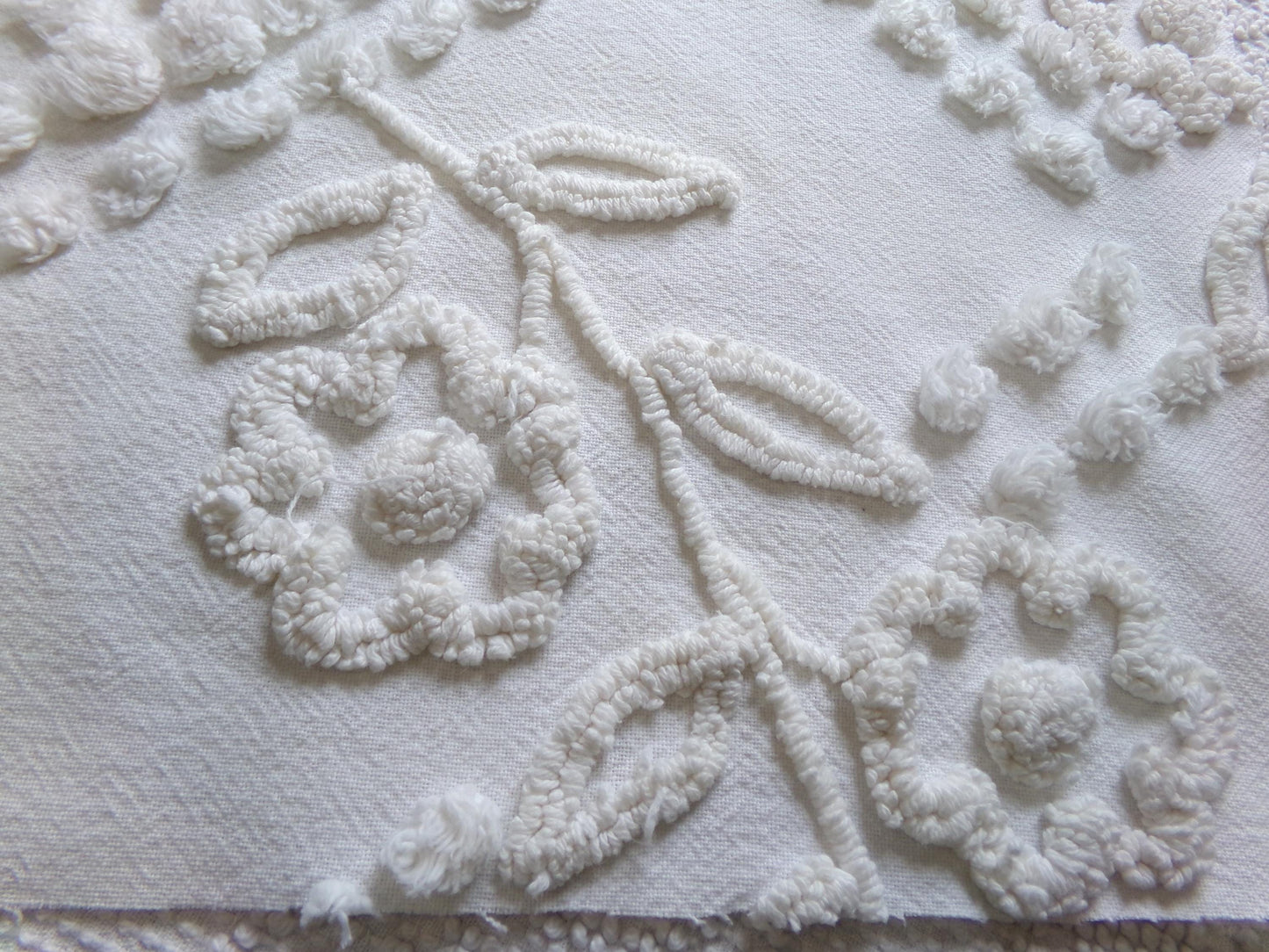 Elegant White Floral Chenille Fabric: Vintage Cottage Style 23" x 15" Cut Piece