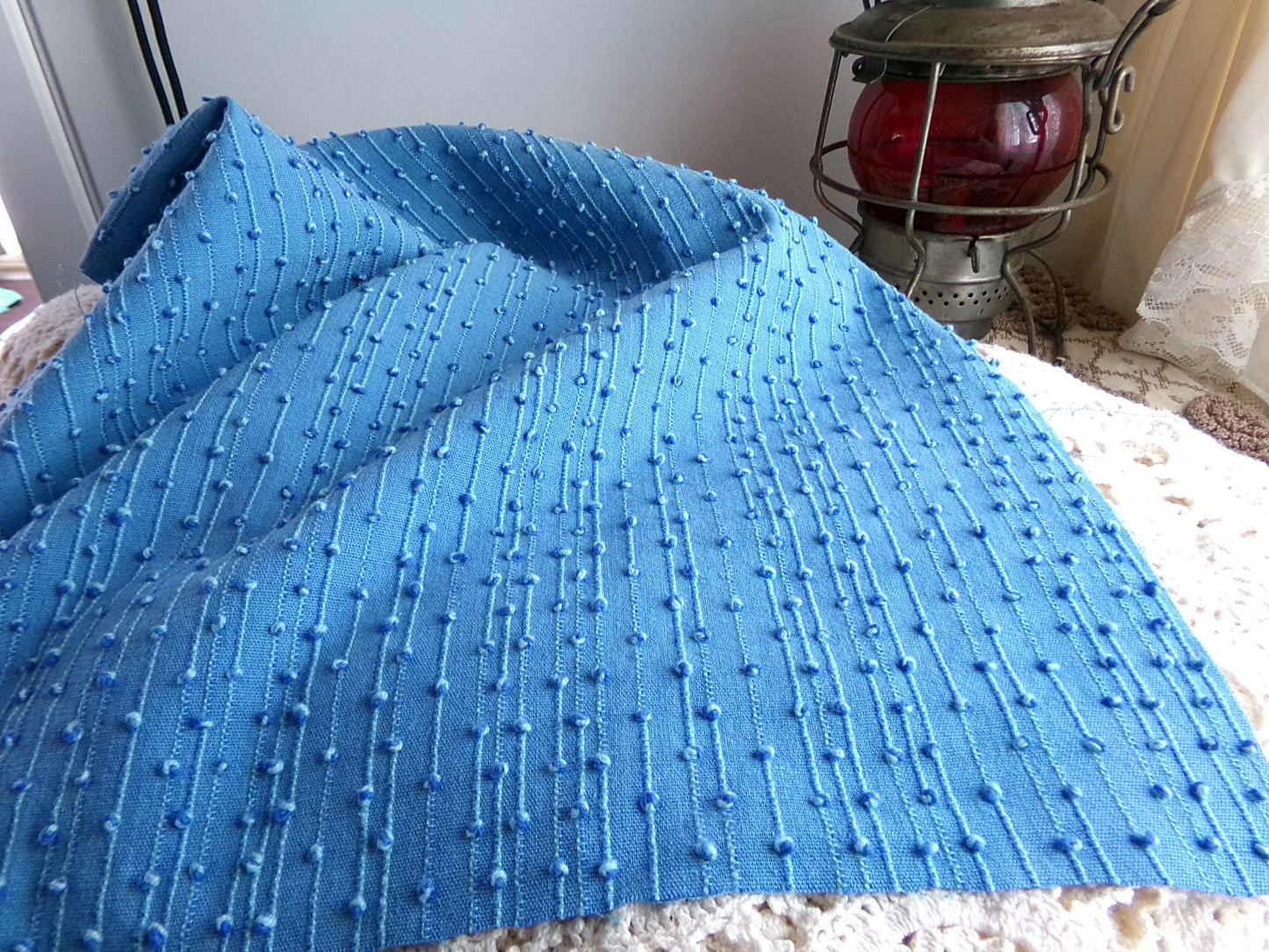 baby raindrops vintage woven chenille fabric, tiny marbleized raised blue dots, great texturized sewing material, 20" x 24" cut piece