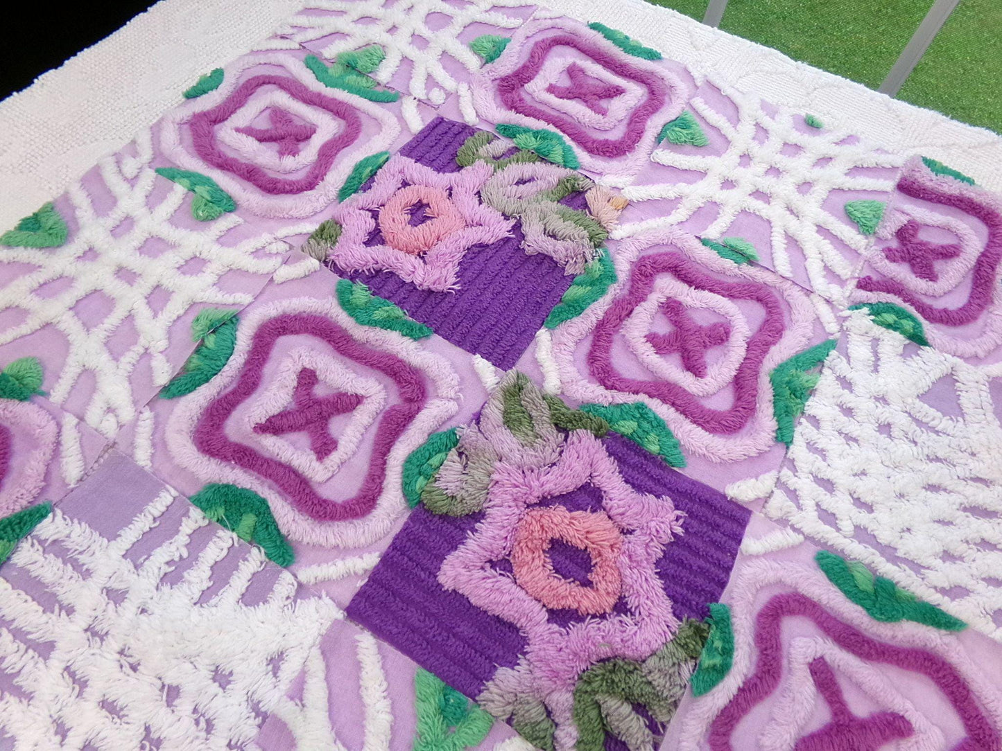 moondance chenille fabric squares, set of 16 vintage 6" craft blocks, lavender purple roses & white for quilt inlays, pillows, fiber arts