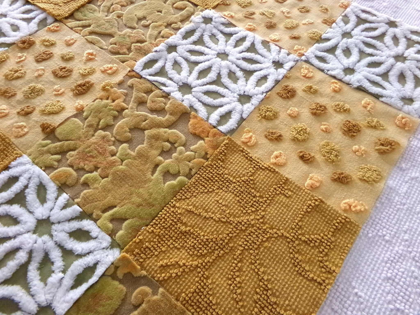 boho mama velvet & chenille fabric squares, earthtone daisy, dots, 16 vintage quilt blocks 6" x 6" inch, for pillows, quilts, crafts