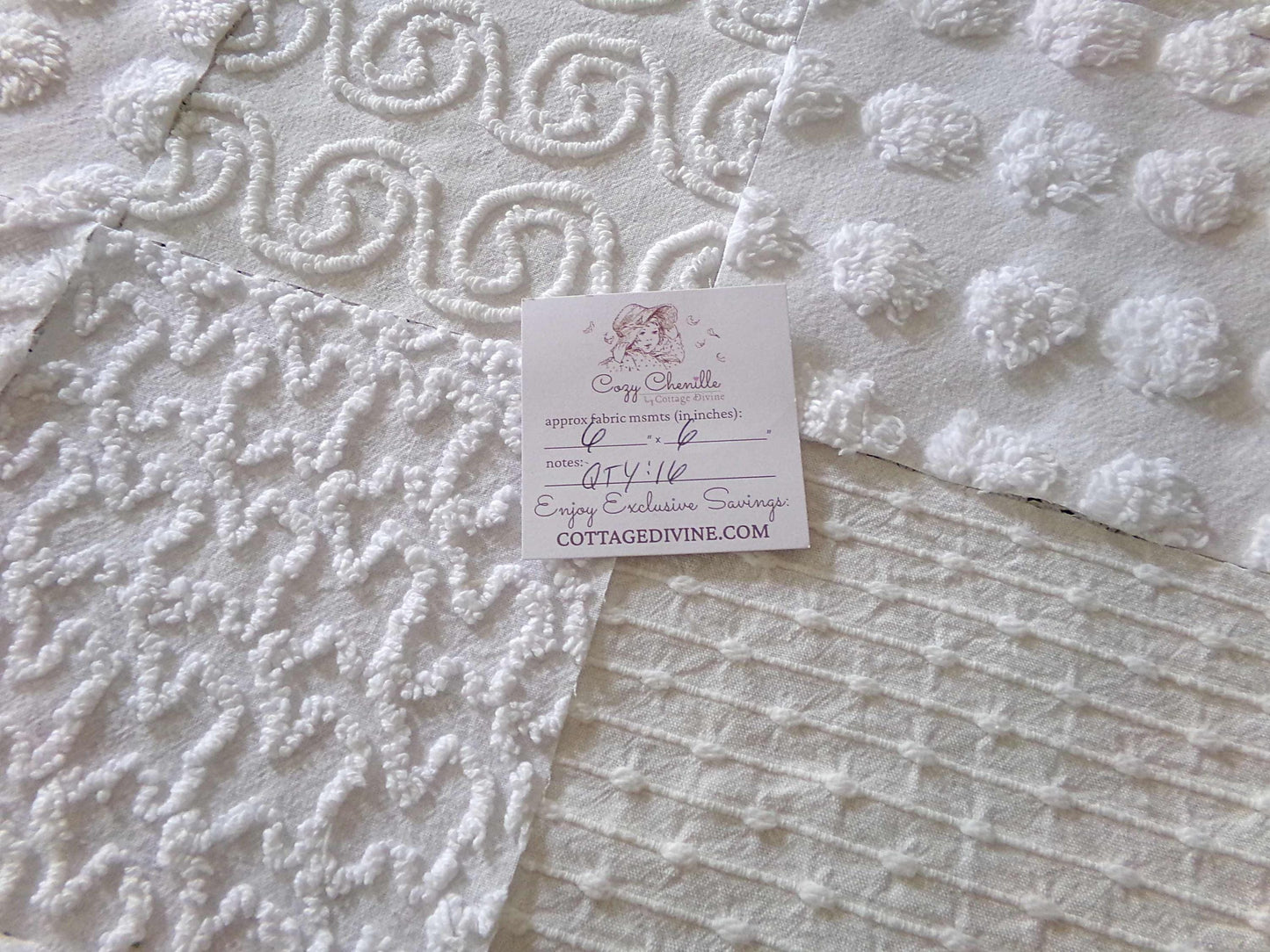 serene snowfall vintage chenille fabric squares, set of 16 white 6" quilt blocks, upcycle in handmade quilts, sewing projects