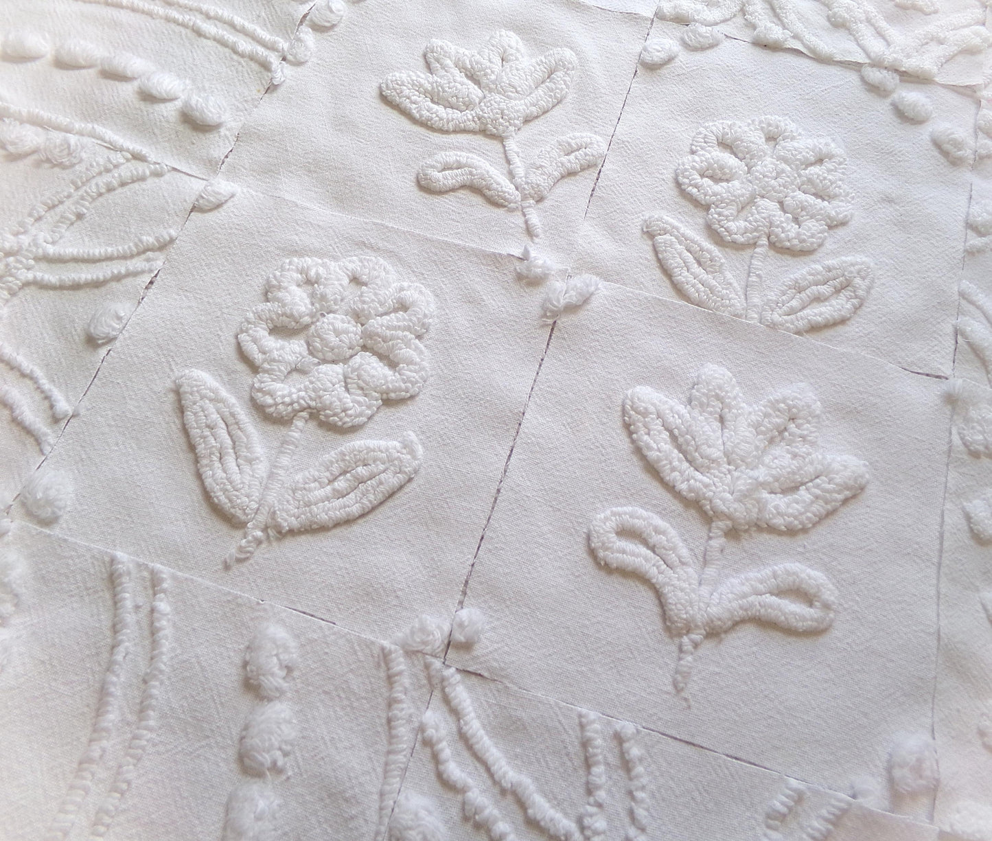 vintage 6" chenille fabric squares, "whispers of white" set of 16 quilt blocks in florals & geometrics