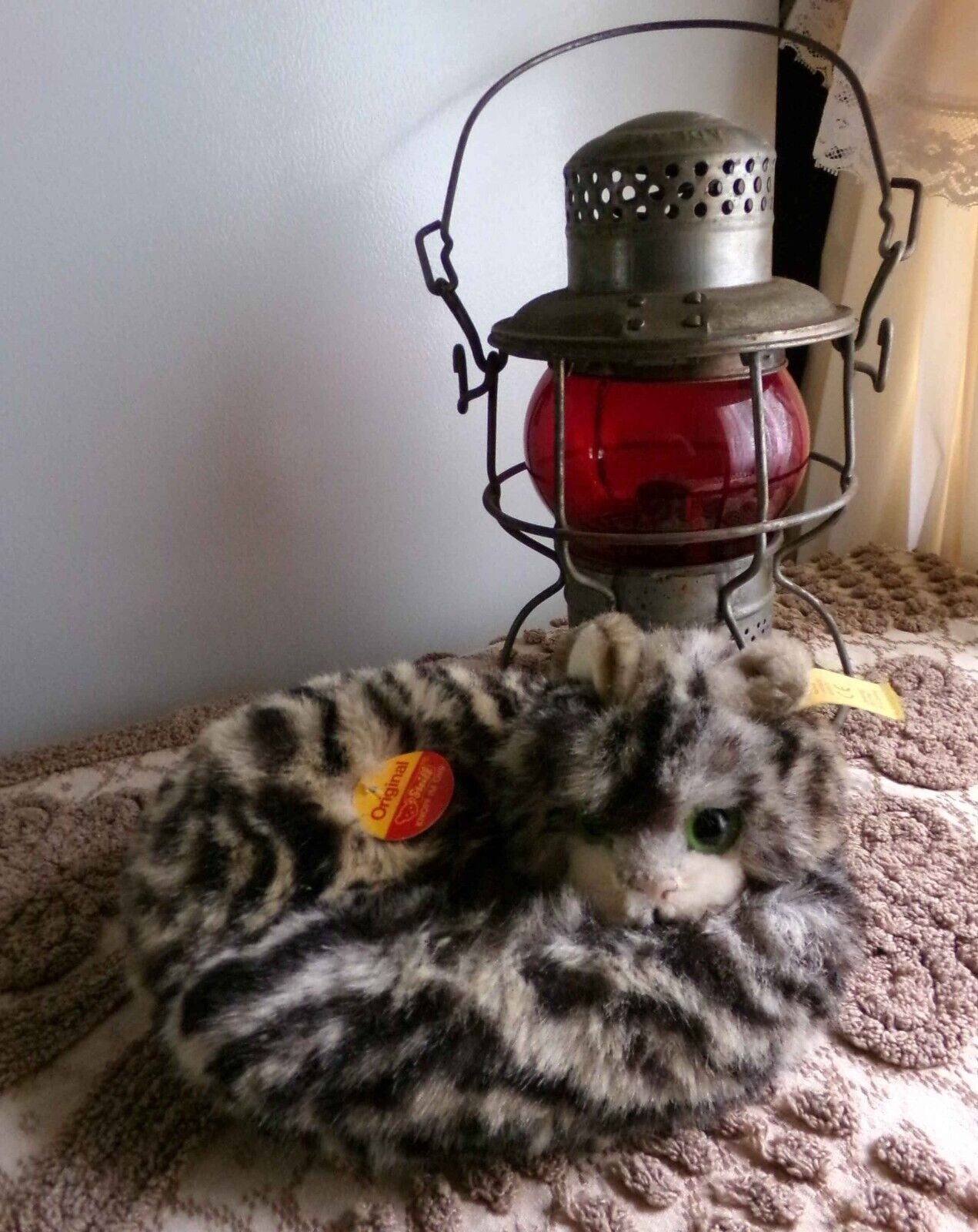 Vintage STEIFF Kitten Unique Curled Up Tabby Cat 074189 with Button, Tags
