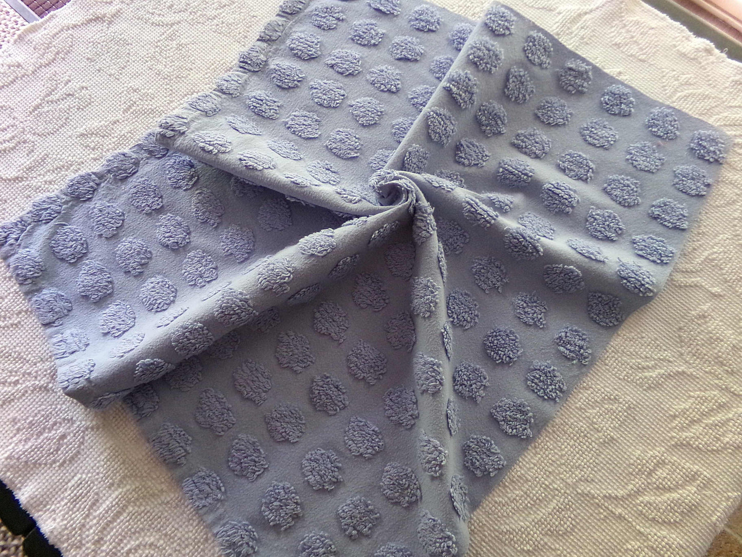 big blue coin pops chenille fabric, vintage style dots on serene blue cotton, 21" x 24" piece of sewing material for crafts & quilting