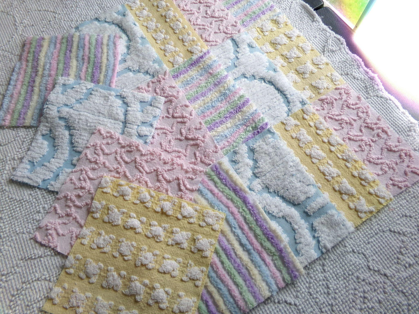 fairyland chenille fabric squares, 16 vintage 6" quilt blocks in pastel rainbow, pink & yellow rosebud, for sewing, crafts, fiber arts
