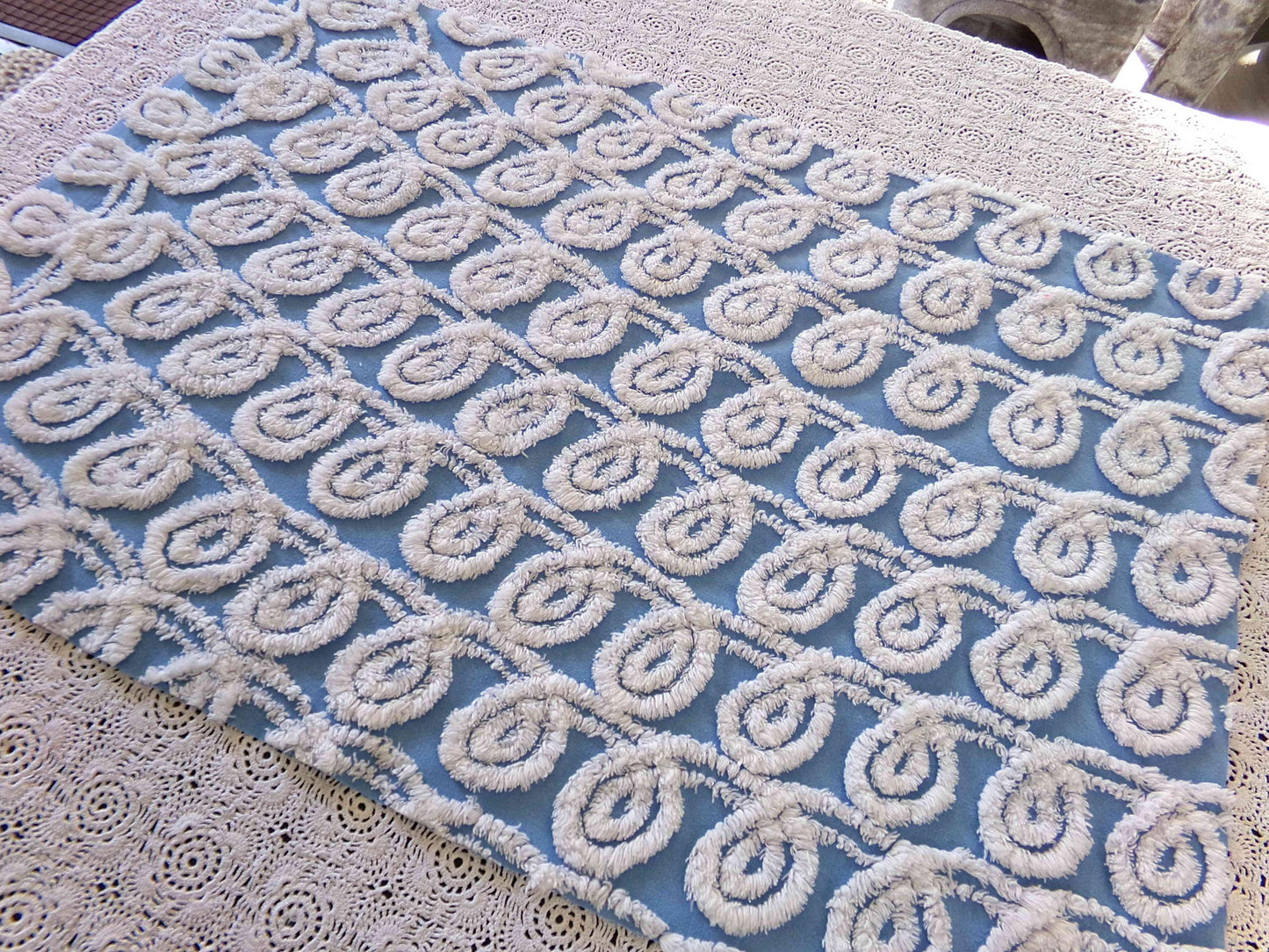 White & Blue Chenille Fabric, Soft Curlicue Swirls, 18" x 26" inch Piece, Vintage Cotton Material for Quilting, Crafts