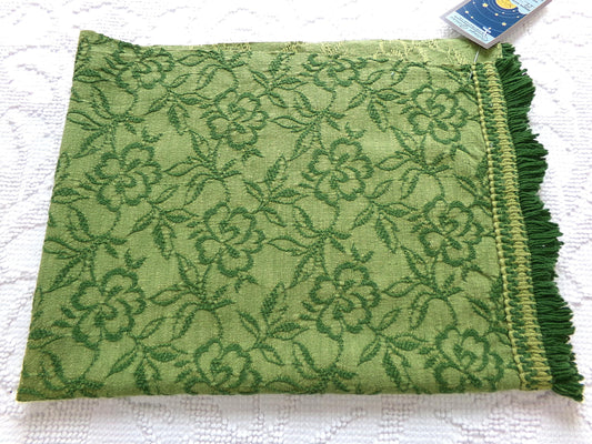 grecian green rose vintage woven fabric, gothic floral design w/ scallop fringe trim edge, 19" x 24" cut piece great for small bags