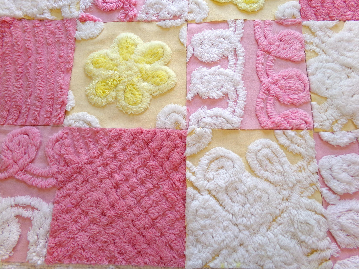 vintage 6" chenille fabric squares, set of 16 pink yellow quilt blocks, sugar & sunshine